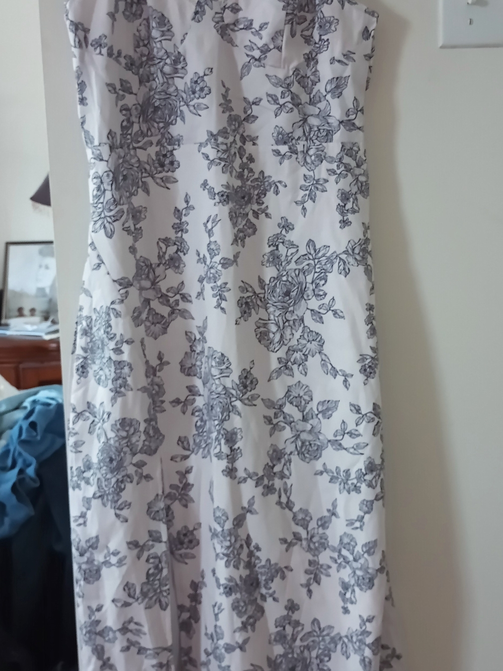 Strapless White Dress with Gray Floral Print